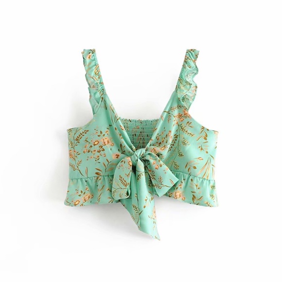 Boho Mint Green Floral Print Ruffle Crop Top Maxi Skirt Set - Picture 7 of 12